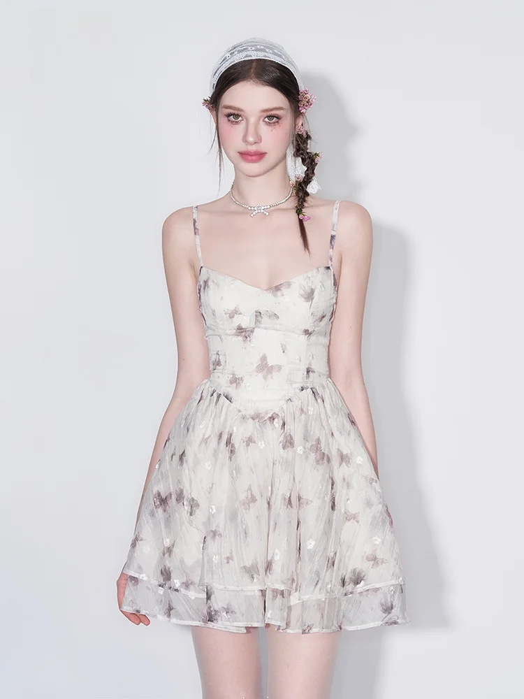 

AFTADAWN Select 5AFTADAWN Light Makeup Water Ink Print Flowing Sand Embroidery V Waist Dress High Waist Gown Polyester Fiber