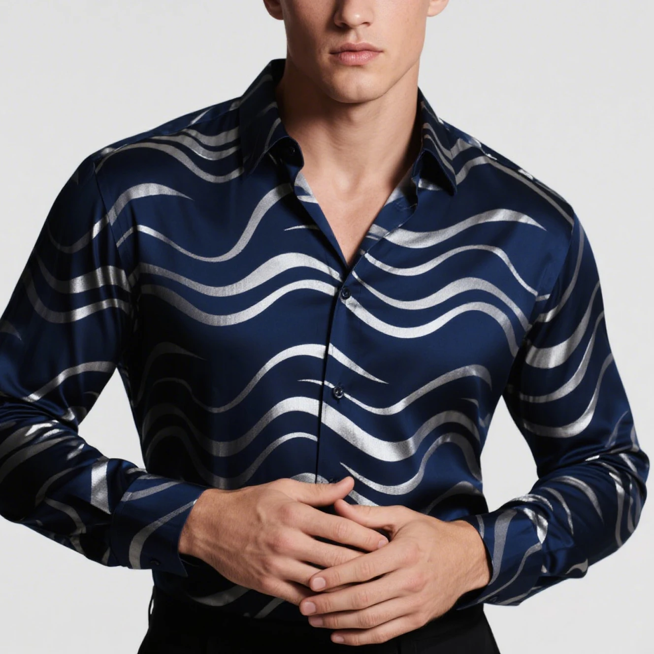 

Men's Light Blue Yellow Wavy Pattern Geometric Image Printed Shirt Long Sleeve Lapel Simple Business Casual Party Top Outdoor Va