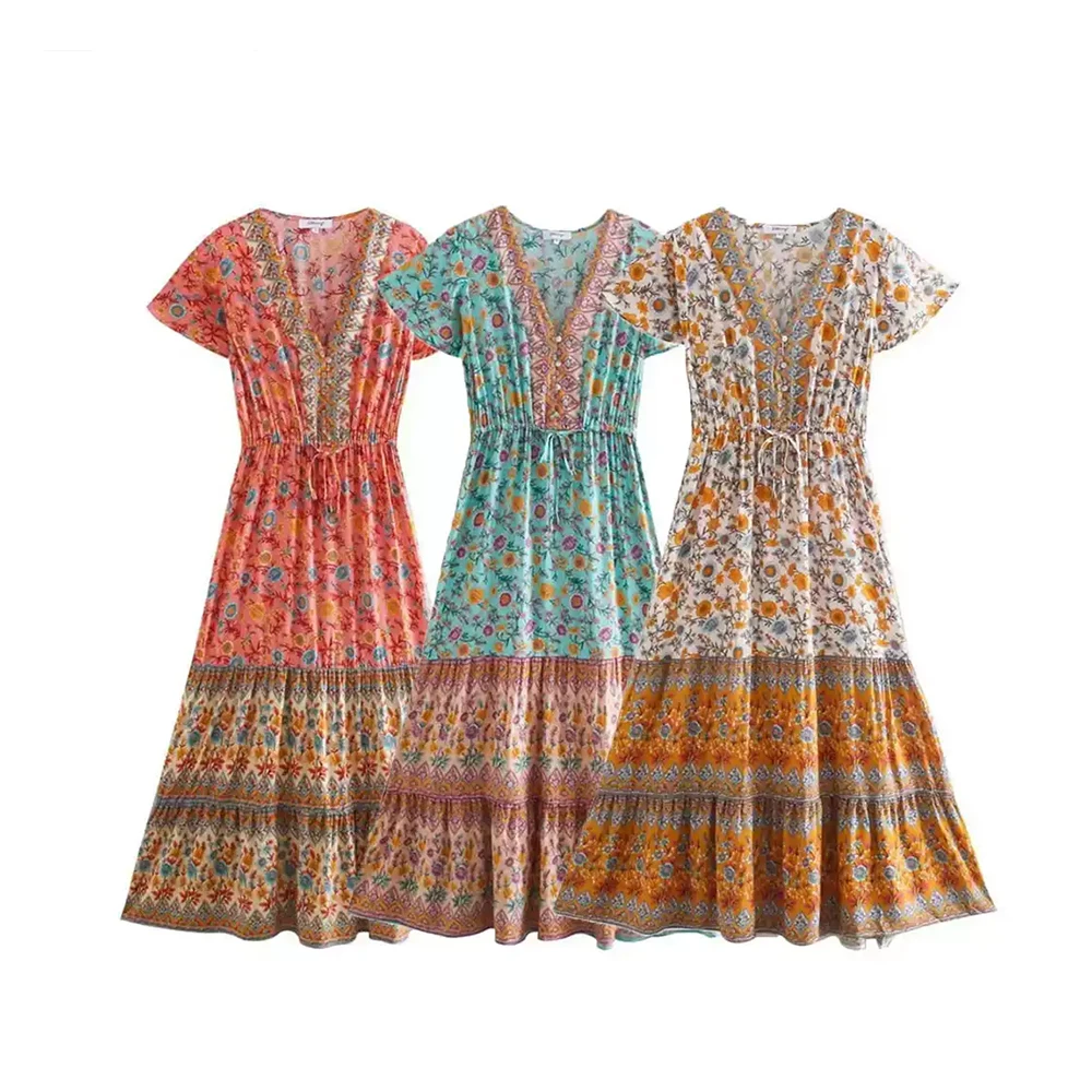 New women's clothing European and American style cotton positioning floral Bohemian V-neck waist cinched dress