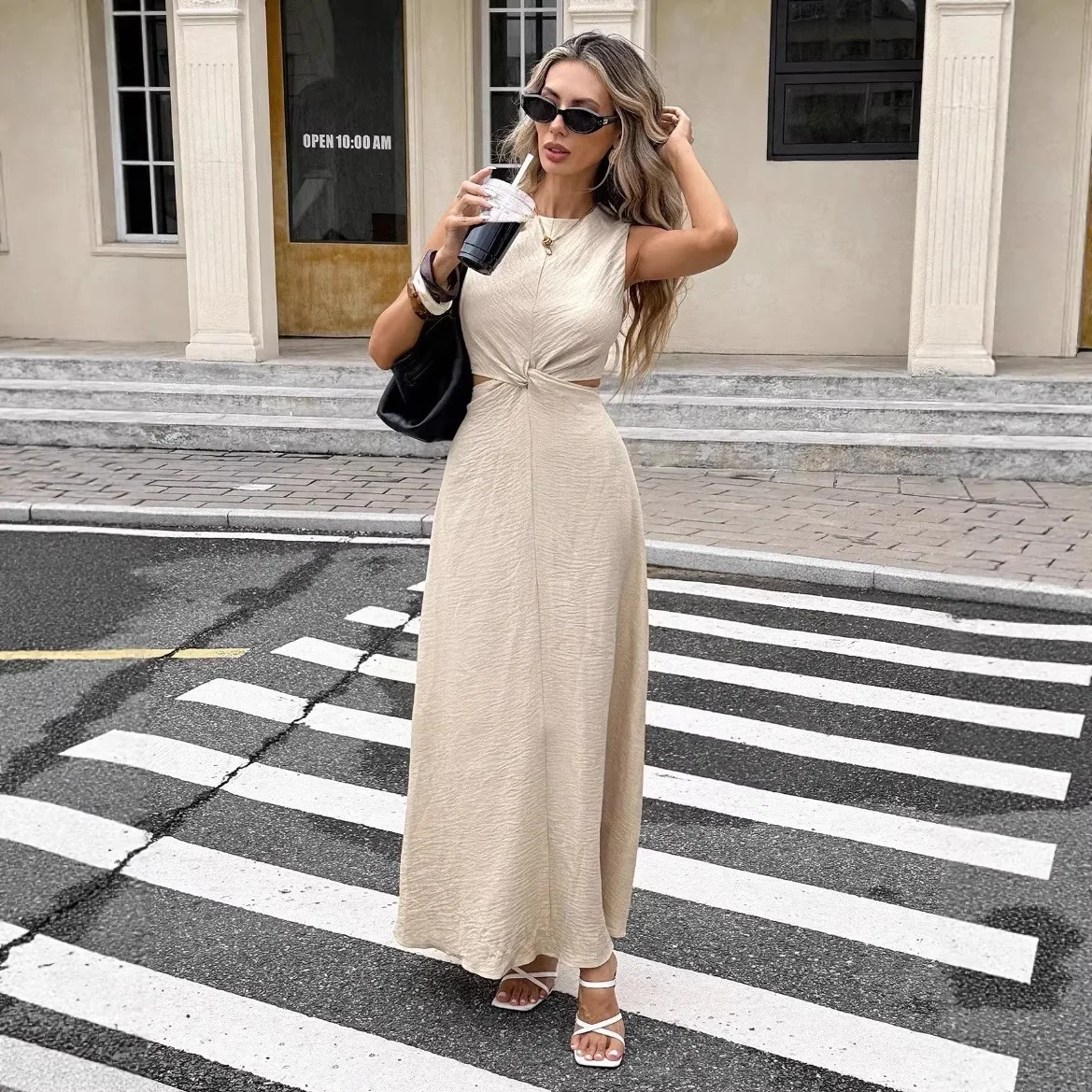 Sexy Sleeveless Twist Knot Round Neck Long Dress Bodycon Knit Dress for Women Spring Summer