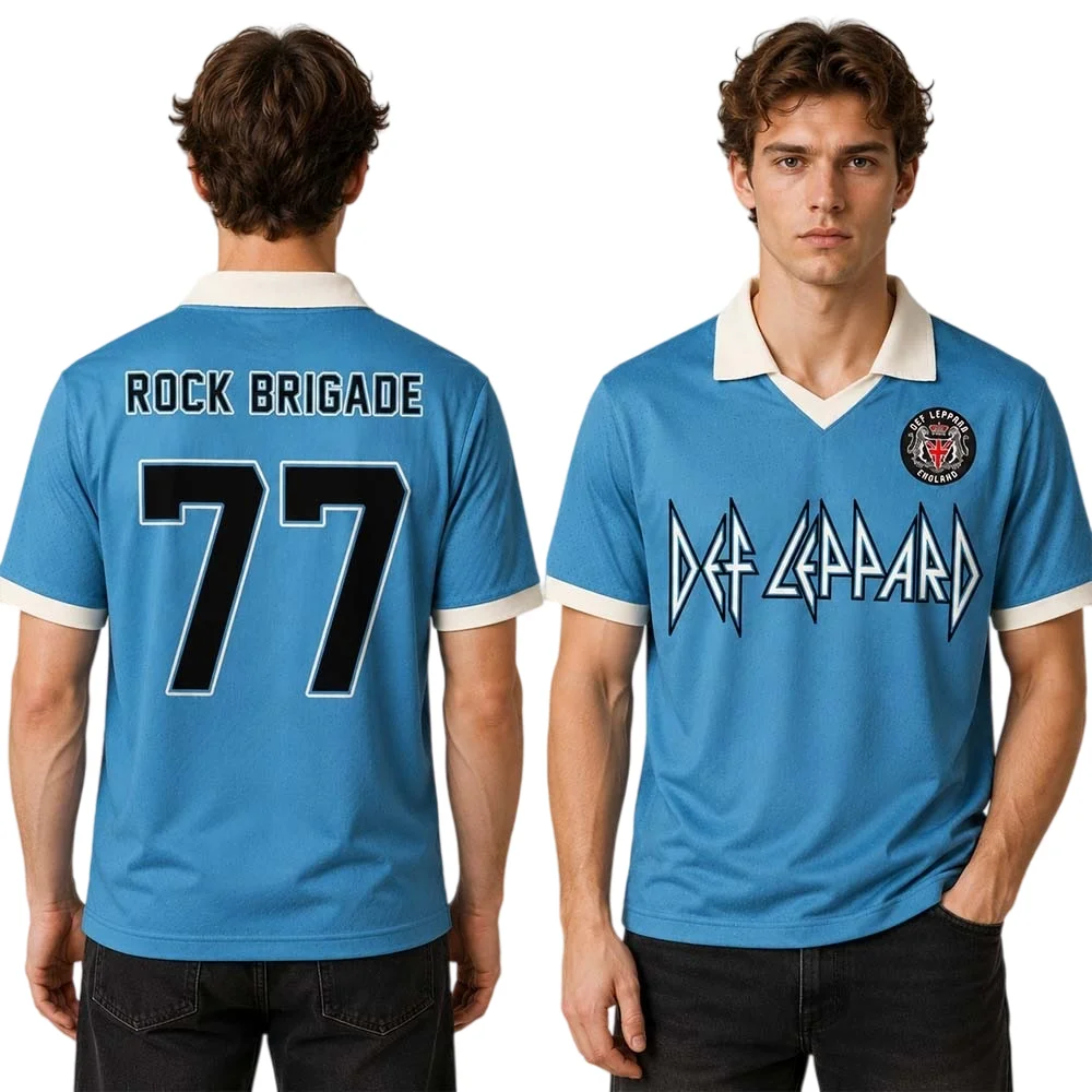 Def Leppard Live 2026 Tour UK And EU Merch Rock Brigade 77 Blue Polo Collar Soccer Jersey Shirt Family Men Women Sports T-Shirt