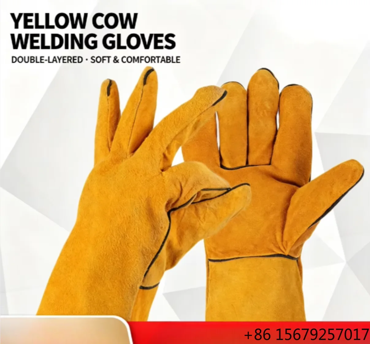 Yellow Cowhide Long Welding Gloves Double Lined Thick Heat Resistant Wear Resistant Welder Gloves
