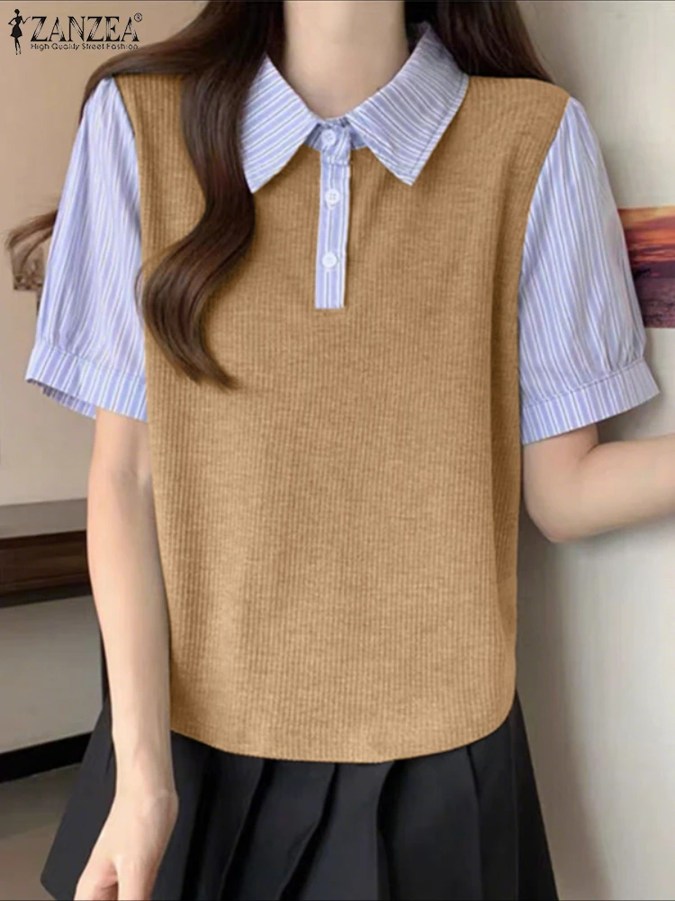 

knitted Patchwork Blouse Women Casual Korean Tops 2025 ZANZEA Short Sleeve Pullover Loose Stripe Spliced Pullover Oversized
