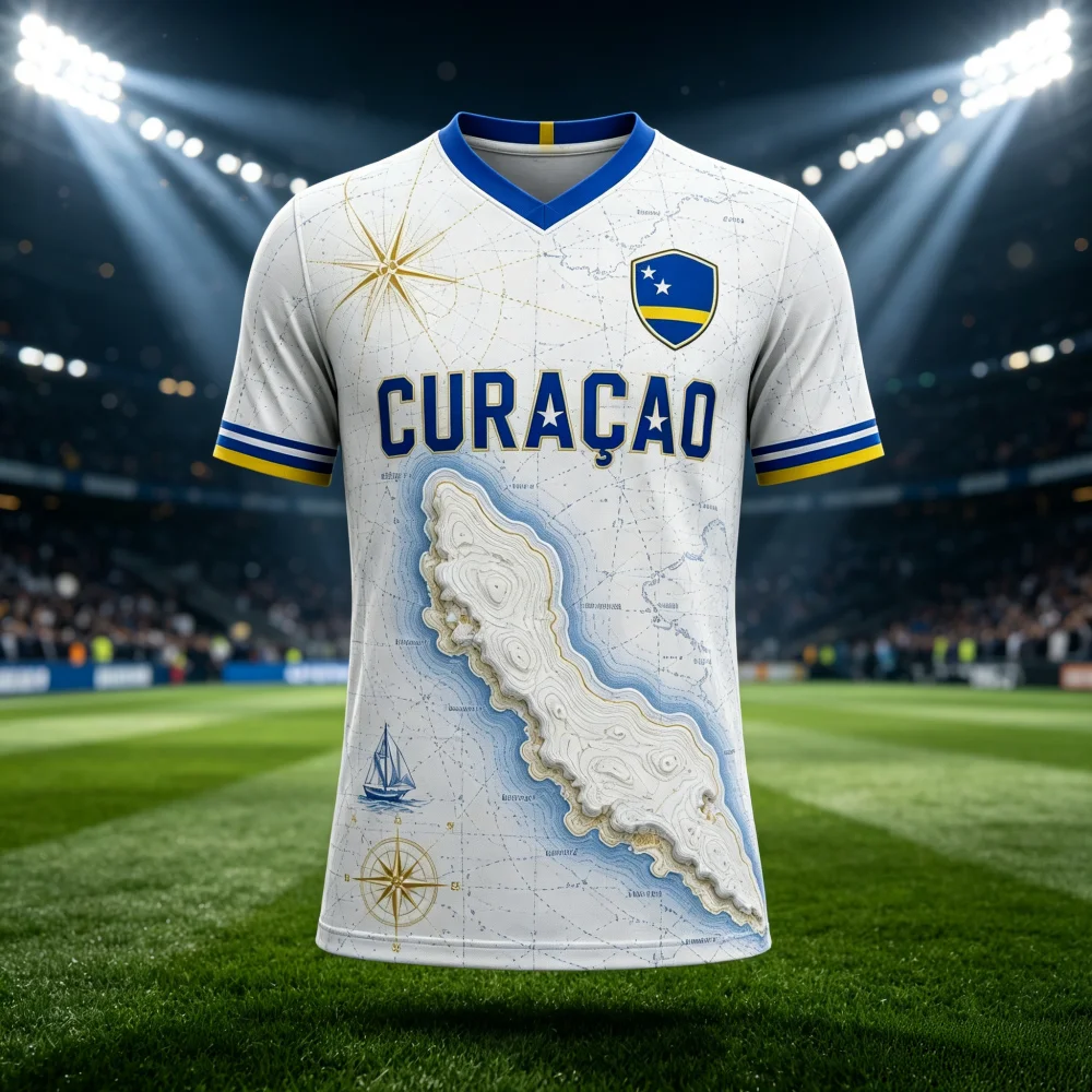 Curacao Fußball-Fan-Trikot mit nautischer Inselkarte, blau, V-Ausschnitt, kurzärmeliges Fußball-Supporter-T-Shirt für Männer, Frauen, Familie, Kinder