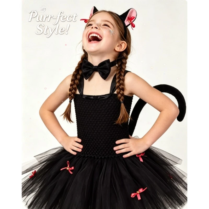 Cute Cat Bell Tutu Dress Fluffy Animal Style Kids Costume Children Day Performance Party Birthday Dress Up Casual Holiday Outfit
