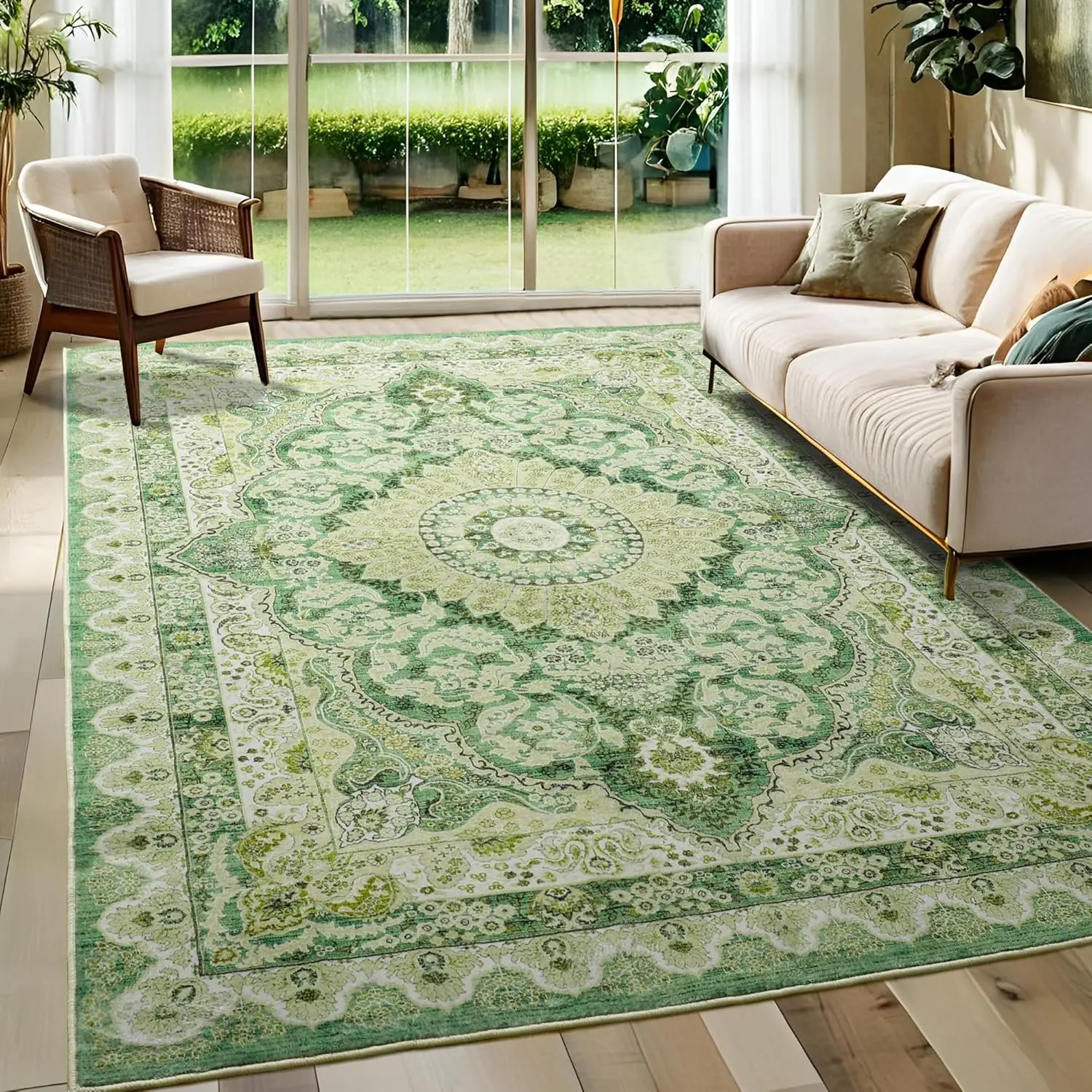 Area Rugs for Living Room, Machine Washable Vintage Rug, Non-Slip Low Pile Throw Rugs with Rubber Backing Washable Carpet