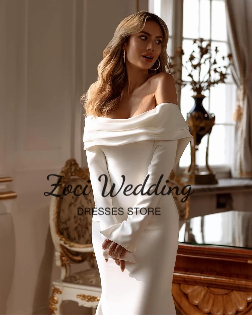 Zoci Spaghetti Straps Mermaid Off Shoulder Wedding Dresses Long Sleeves Beach Bride Dress Customized Elastic Satin Bridal Gown