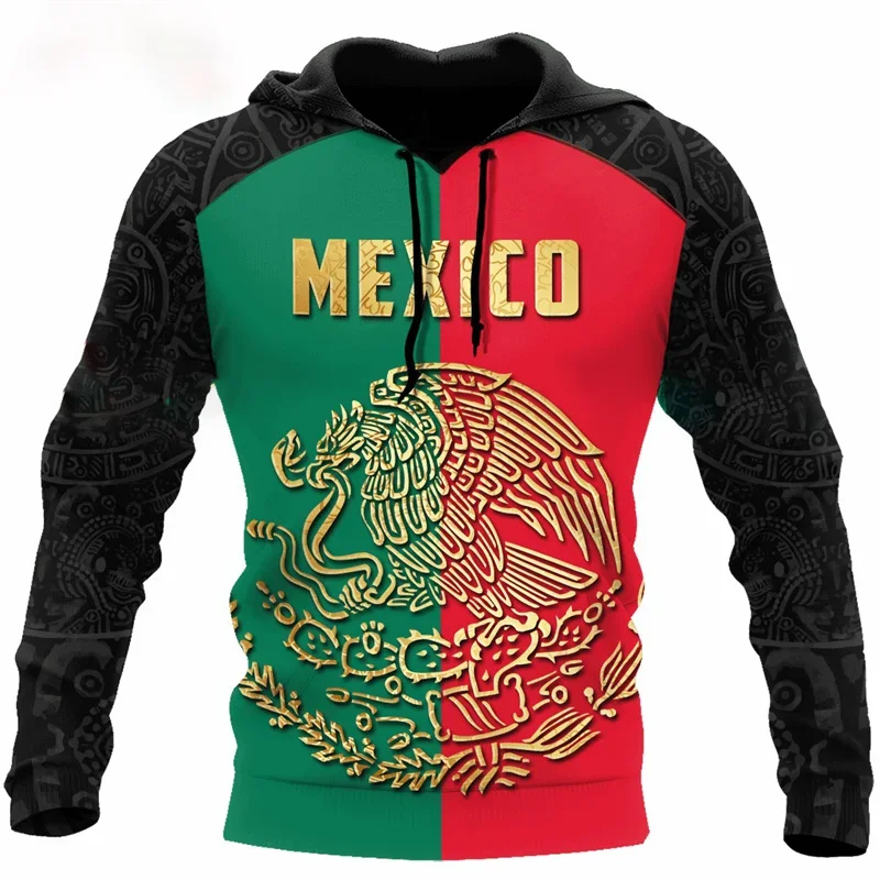 Fashion 3D Print Mexico Flag National Emblem Hoodie Men Tops Autumn Long Sleeve Mexican Aztec Sweatshirt Streetwear Clothing