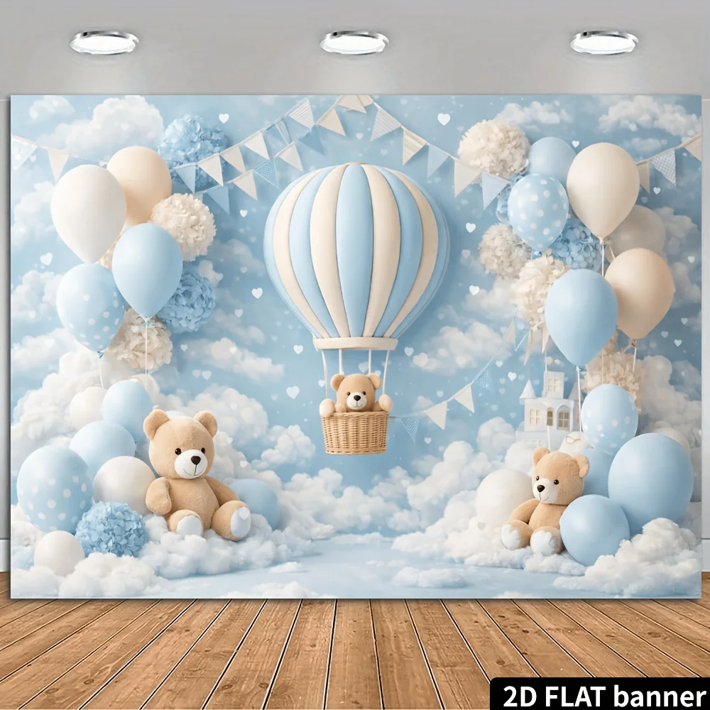 Un fondo plano 2D con globos aerostáticos azules y blancos, con globos de macarons con lunares.
