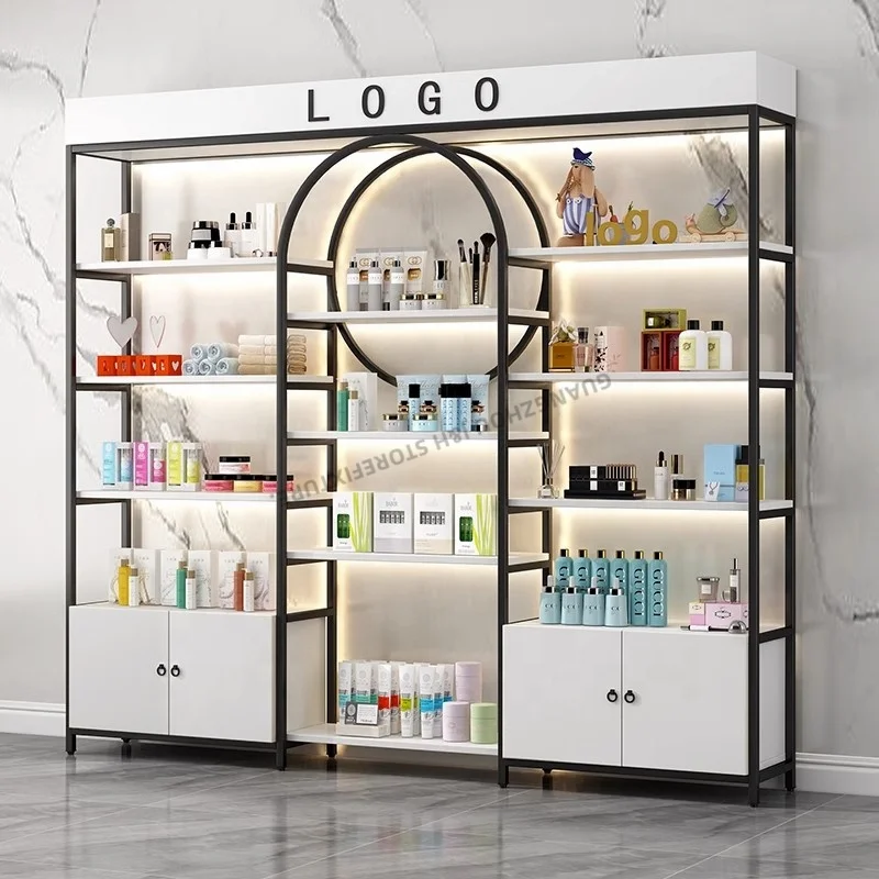 Personalizado. Prateleira de exibição cosmética personalizada para cuidados com a pele, vitrine de perfume, suporte de chão para loja de cosméticos com led l