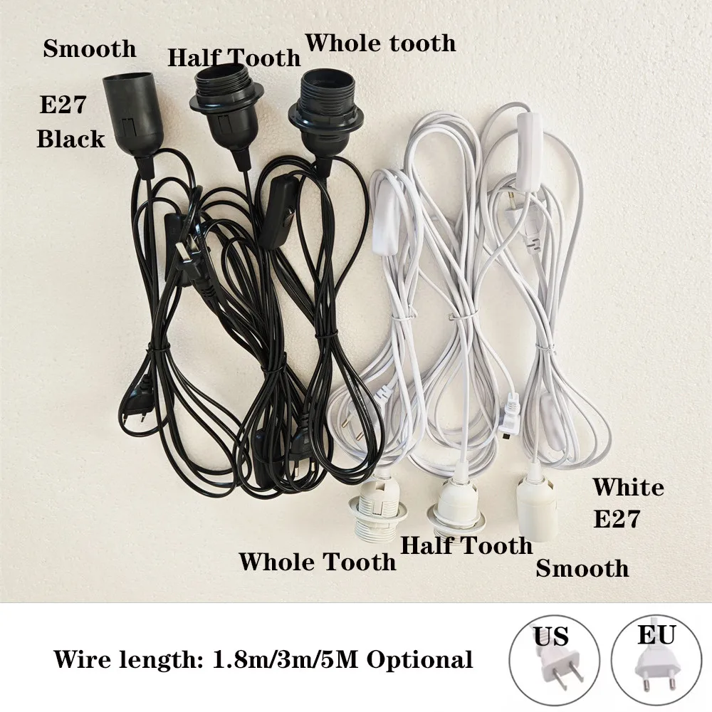 EU/US Plug 1.8m/3m/5m Power Cord Cables E27 Lamp Base Holder With Switch Wire For Pendant Fixture Hang lamp Lighting accessories