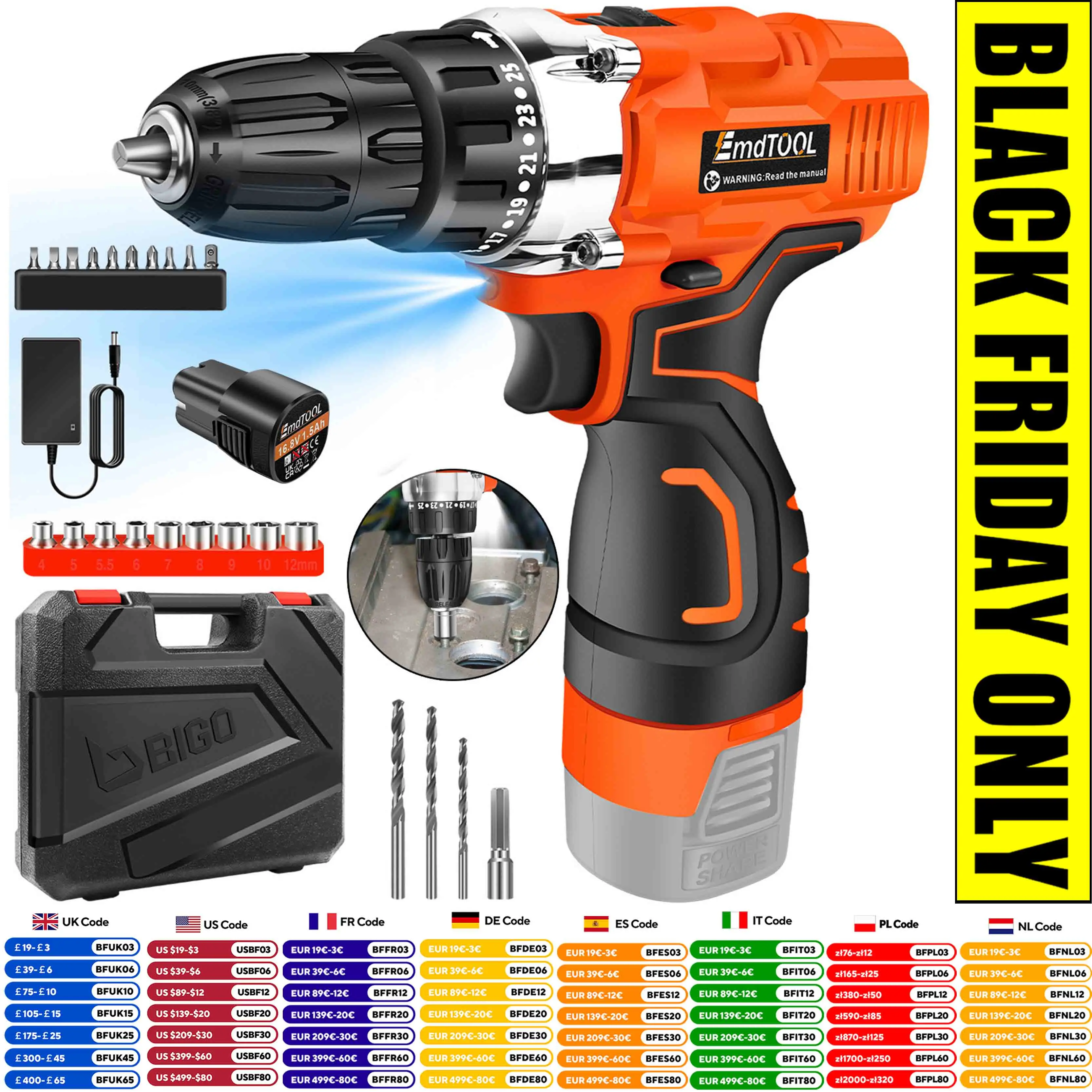 16.8V Brushed Impact Electric Drill Cordless Screwdriver Rechargeable Battery 3/8 Inch 2-Speed Hand Drill Hammer Power Tools