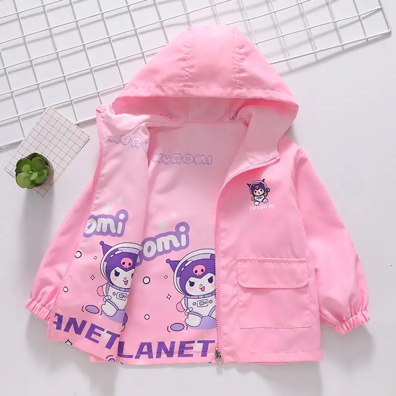 Sanrioed Kuromi-Chaqueta de manga larga para niños y niñas, cortavientos a la moda, ropa impermeable para niños, abrigo informal, Sudadera con capucha con estampado de flores, prendas de vestir