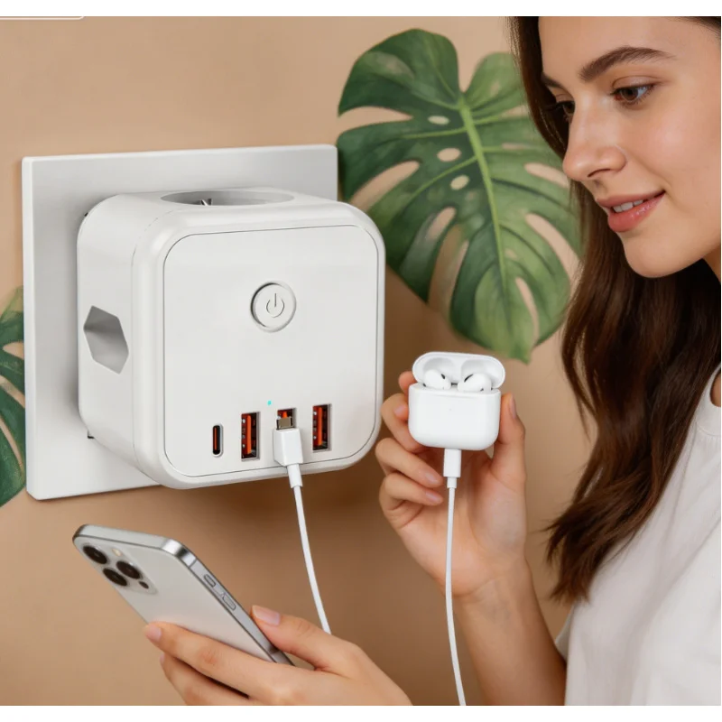2026 New French Standard Power Strip 4000W 16A Multi Plug Wall Socket with 3 USB A Type C White for Home Office