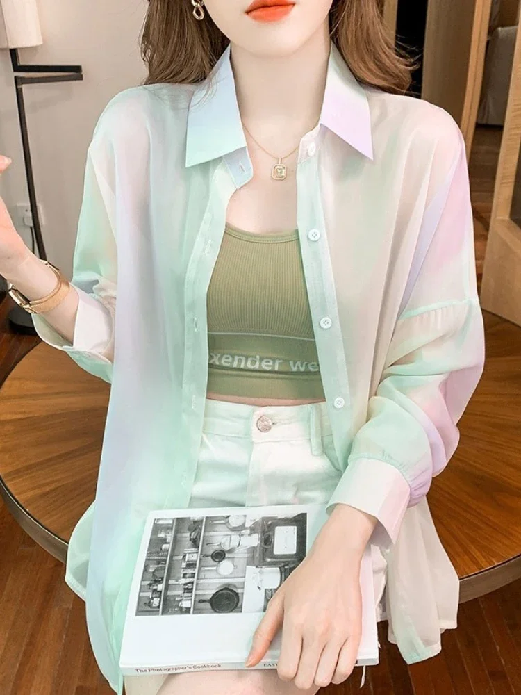 Gradient Rainbow Women Shirt Long Sleeved Loose Womens Blouses Tops Transparent Female Shirts Elegant Casual Women's Clothing