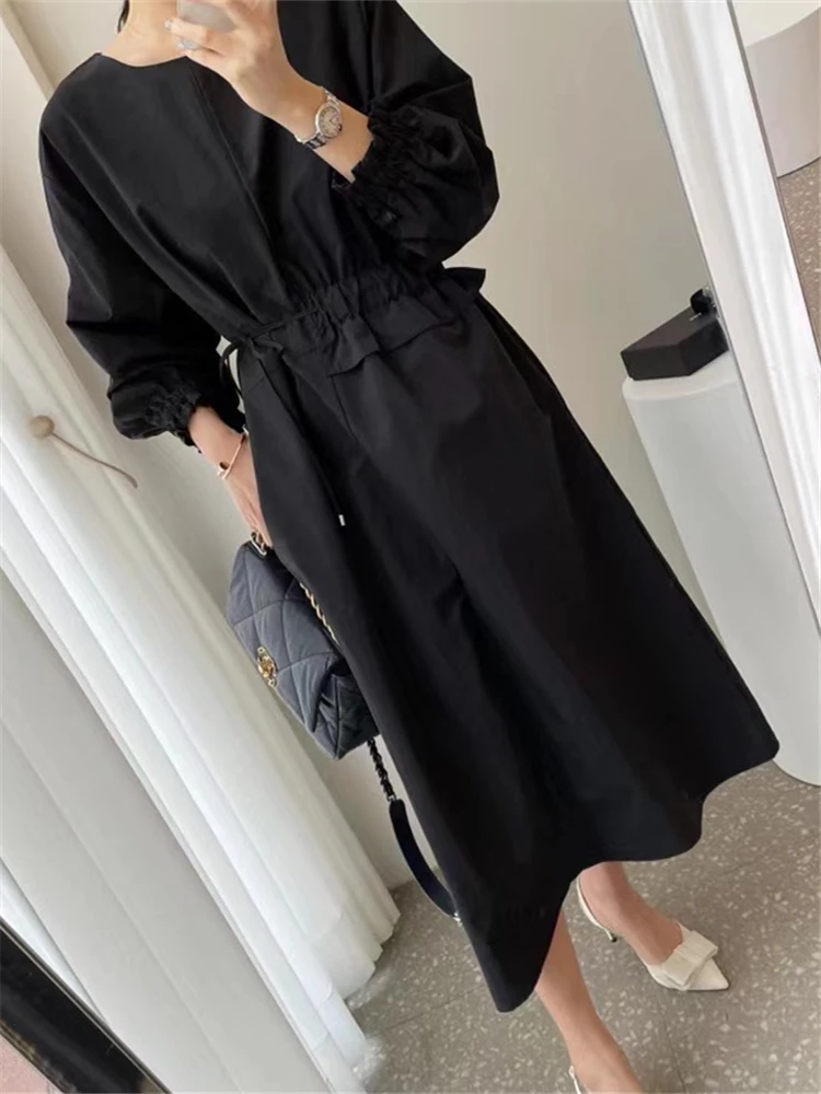 REALEFT 2024 New Lace Up Women\'s Shirts Dresses O-Neck Puff Sleeve Solid Casual Loose Straight Long Dresses Female Spring Autumn