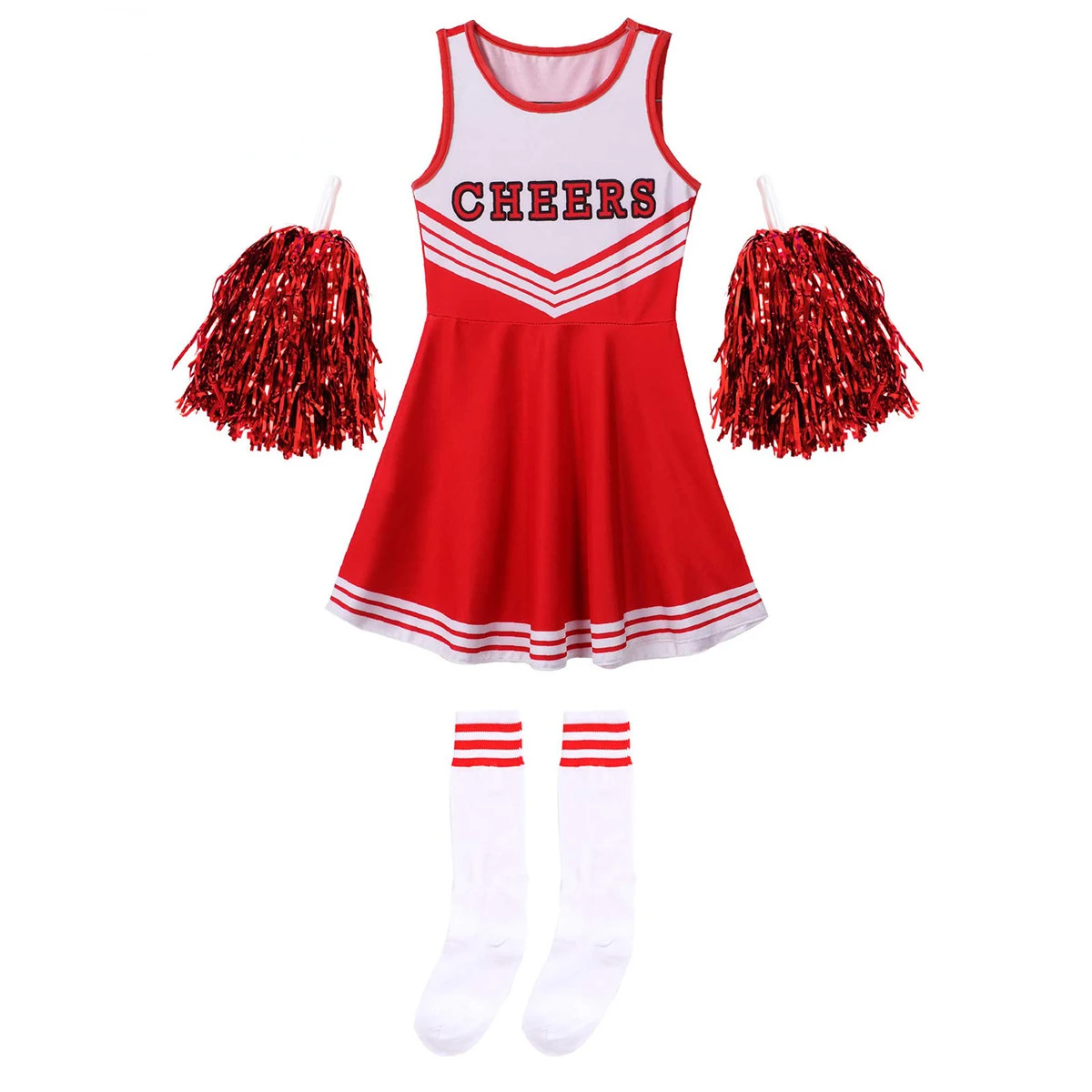 

Girls Cheerleading Uniform Sleeveless Dance Costume Kids Cheerleader Outfit Round Neckline Letter Print Dress Flower and Socks