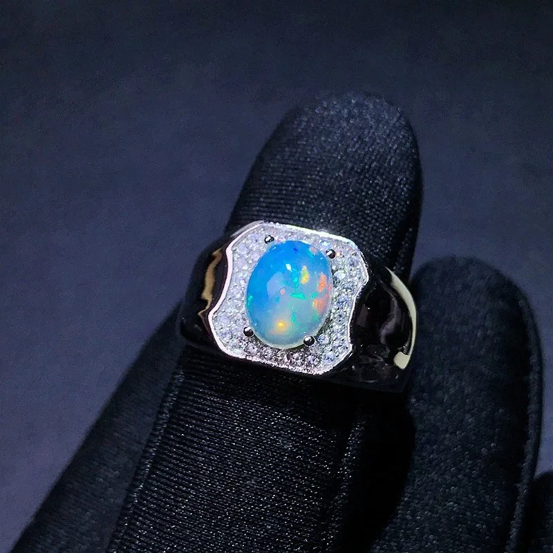 Sterling Silver Ring for Man 8mm*10mm Natural Australia Opal Man Ring 18K Gold Plating 925 Silver Gemstone Jewelry