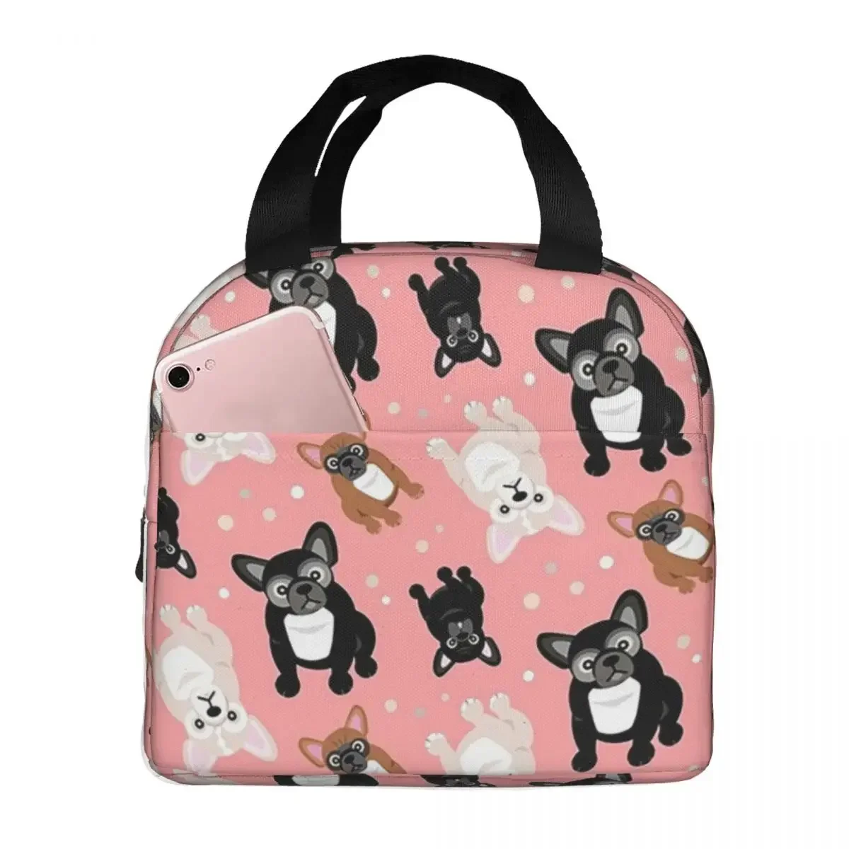 Cute French Bulldogs Frenchies Peach Pink Lunch Bag Insulated Bento Box Lunch Tote Picnic Bags Thermal Bag for Woman School