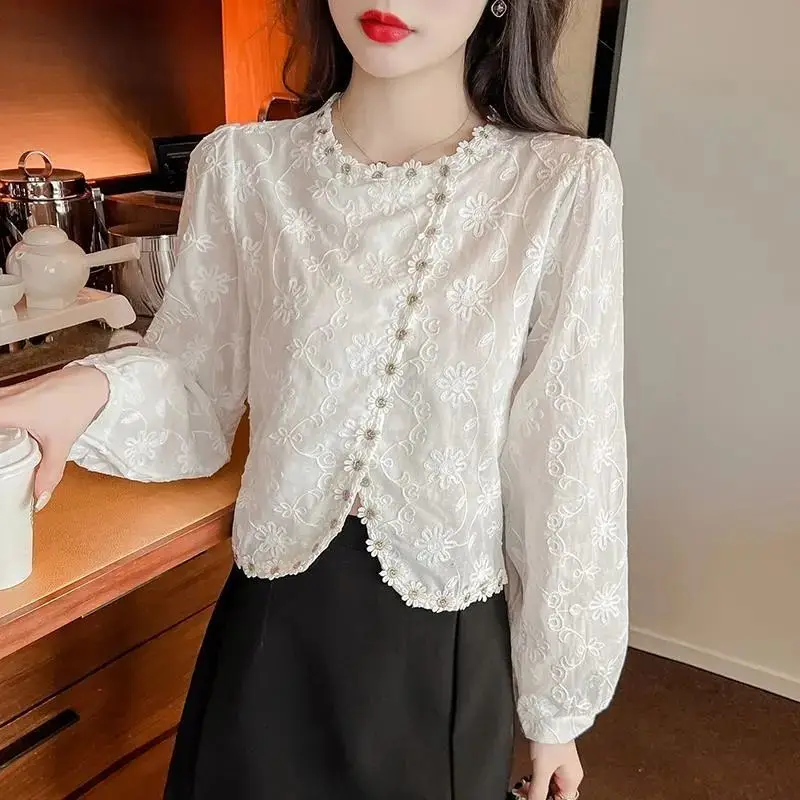 Temperament Sping Autumn New Women\'s Solid O-Neck Button Lace Jacquard Weave Korean Fashion Long Sleeve Pullovers Shirts Tops