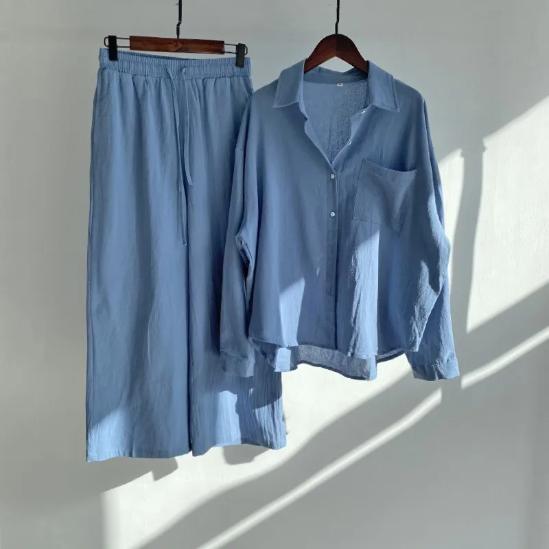 Cotton Linen Two Piece Set For Women Autumn Fashion Casual Long Sleeve Shirt Wide Leg Pants Suit Elegant Office Lady Outfits
