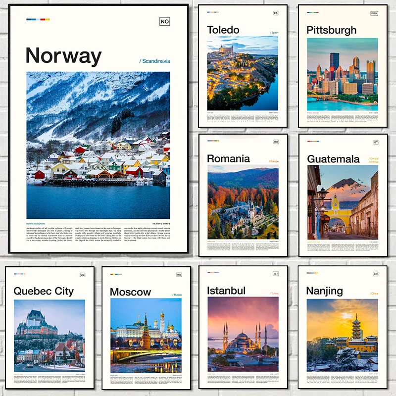 Famous City Norway Moscow Barcelona Tourist city Architecture Art Poster Canvas Paintings Wall Art Pictures Home Decor