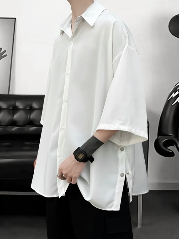 

White Ice Silk Men's ort Sve irt Thin Summer Faionable Button up Top Youth Trendy Loose Fit irt Square Collar