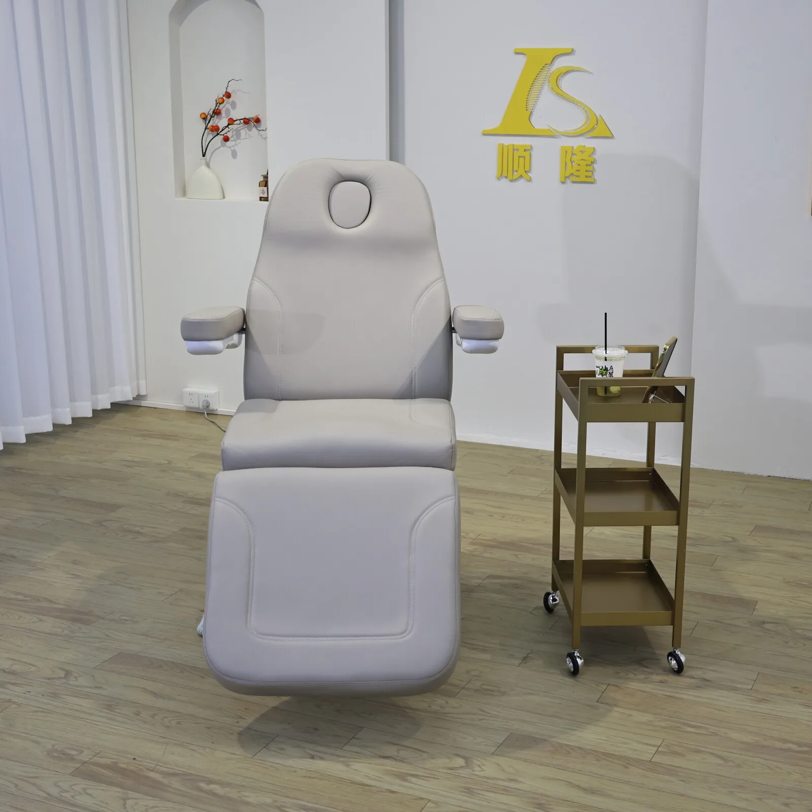 Electric Beauty Chair Adjustable Facial Bed with Face Hole Armrests Spa Lash Tattoo Massage Treatment Chair Beige Control