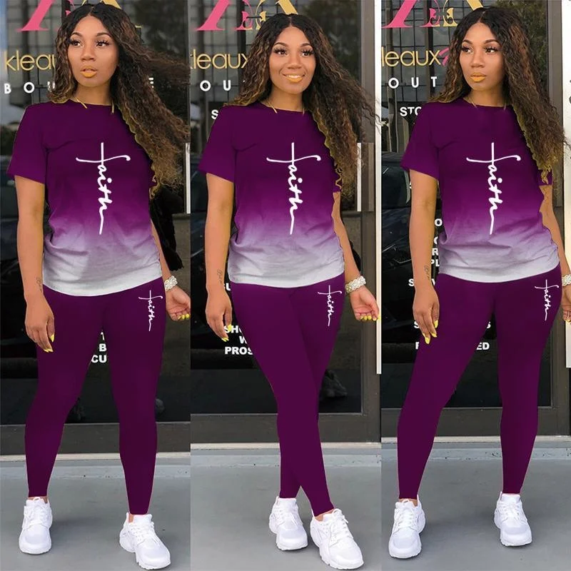 Summer Women's Fitness Sets Short Sleeve T Shirt + Pant Women's Fashion Gradient Printed Graphic Tracksuit Casual Sportwear