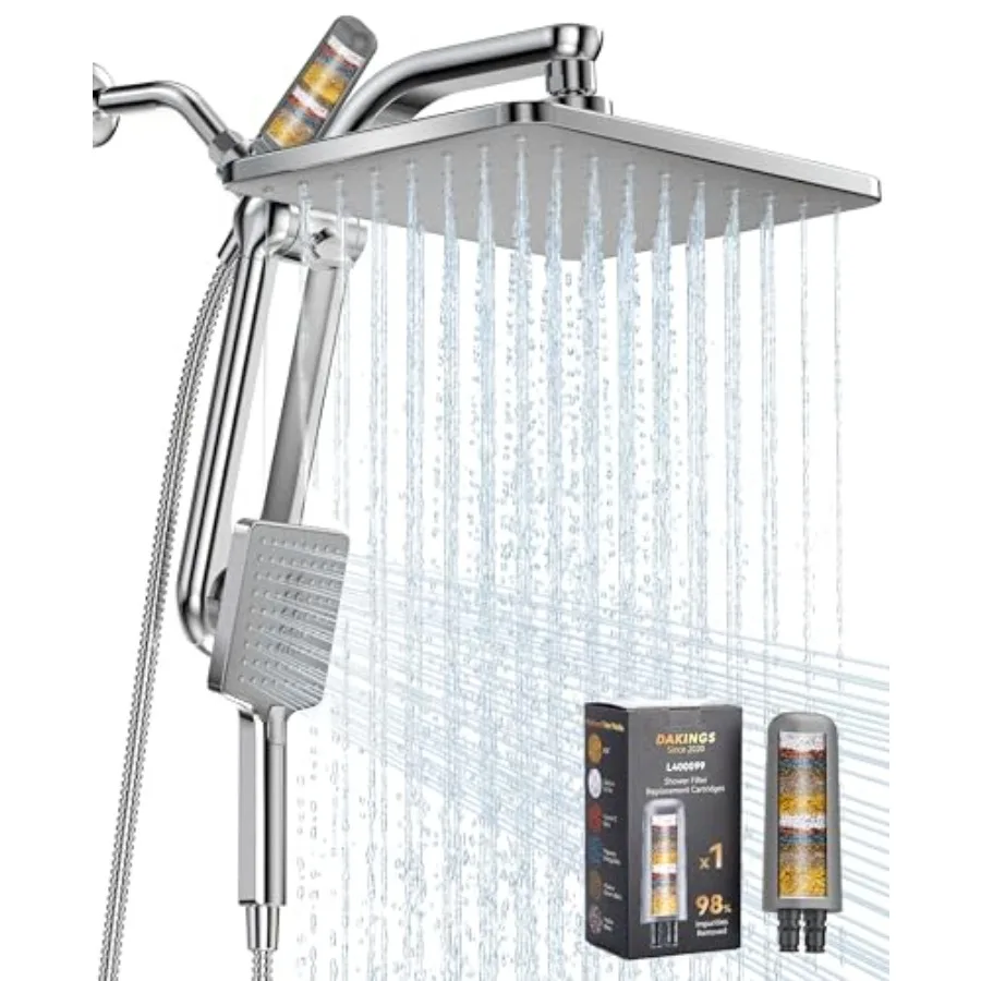 

Bathroom chrome dual-filtered rainfall handheld shower head combo with 7 spray modes, 11-inch high-flow rain fixture, fixed and