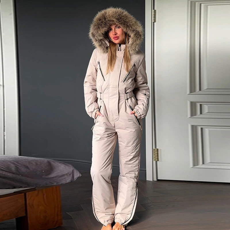 Ski-Overall mit Kunstfellkragen, tailliert, für Damen, sportlich, mit Kapuze, Laternenärmeln, Reißverschlüssen, schmal geschnitten, Winter-Skibekleidung für Damen – Detail 30