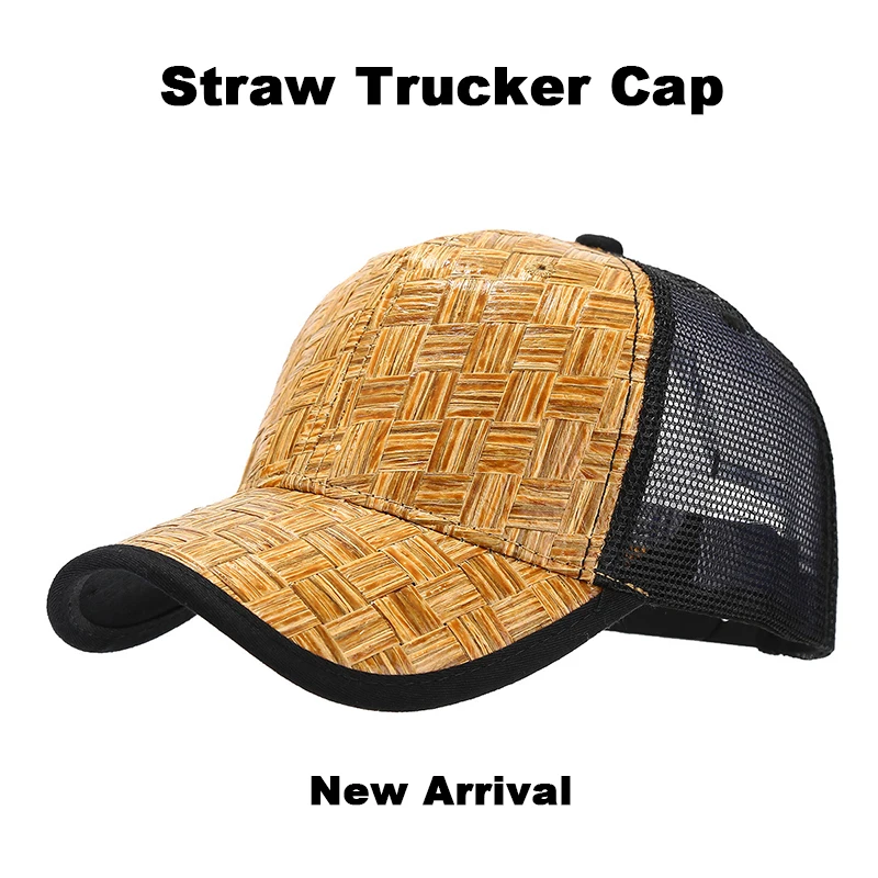 New Arrival INS Solid Color Straw Trucker Cap For Women Summer Outdoor Travel UV Protection Breathable Mesh Back Curved Brim Ba