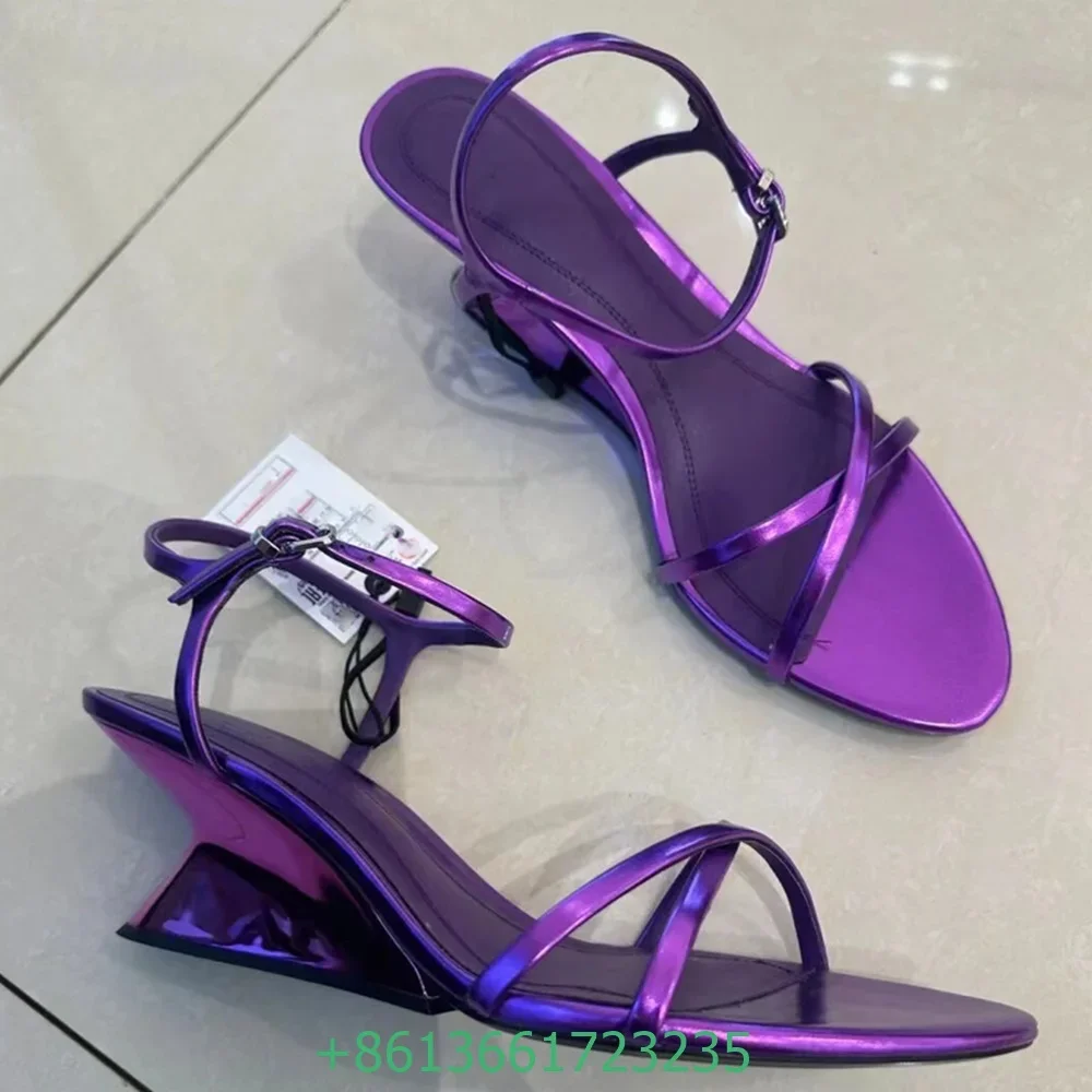 Sexy Violet High Heels Women 2025 New Design Wedge Hollow Fashion Sandals Cross Ankle Strap Open Toe Shiny Sandals Party Wedding