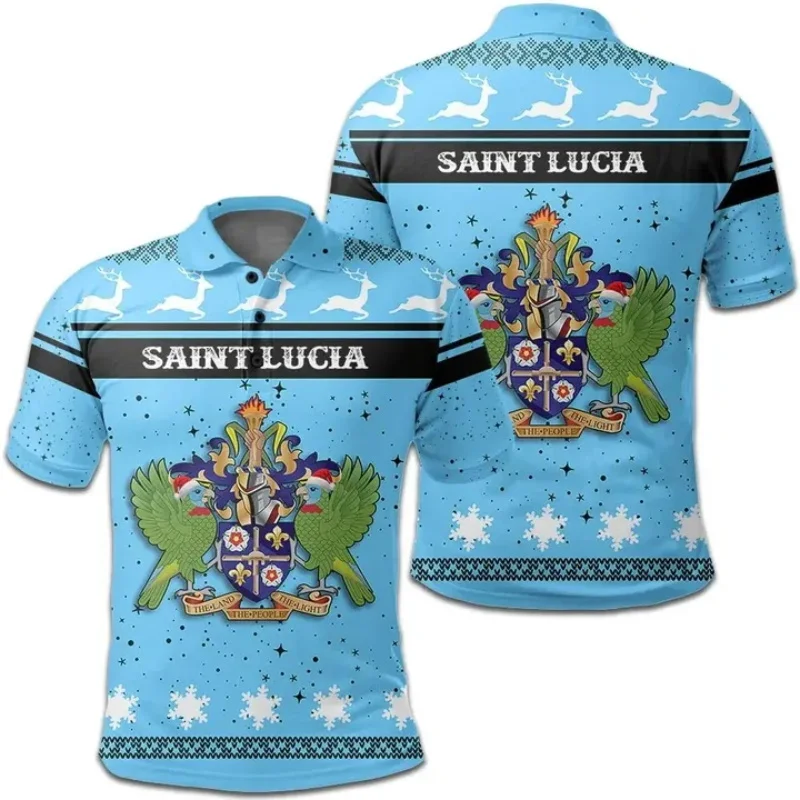 3D Print Saint Lucia Flag Pattern Polo Shirts For Men Homme Short Sleeve Plus Size Button Polo Shirt Tops Mens New In Tshirt