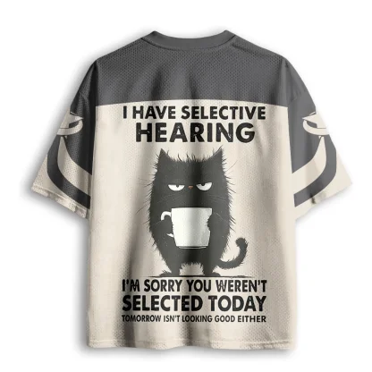 I Have Selective Hearing Grumpy Black Cat Mesh V Neck T-shirt Men Funny Slogan Summer Casual Tee