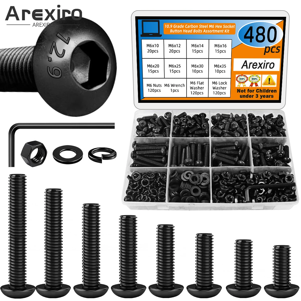 

480 шт., углеродистая сталь марки 12,9, M6x10/12/14/16/20/25/30/35 мм, шестигранный болт, гайка, шайба, комбинированный набор