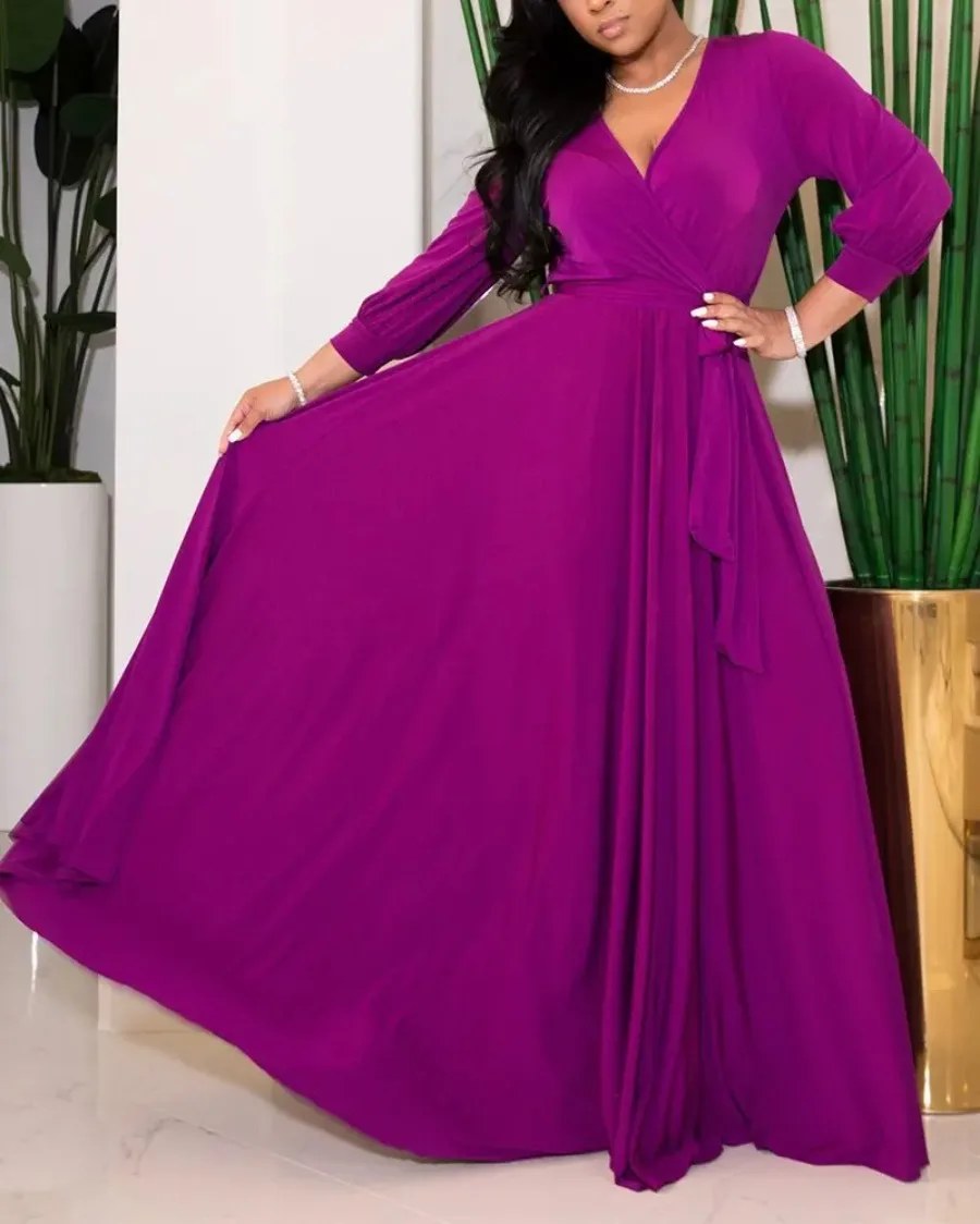 Elegant Women Wraped V-neck Long Sleeve with Sashes Maxi Long Dress Chic INS Sexy Party Prom Big Swing Pink Dresses