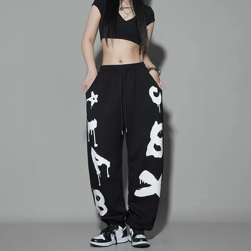 Leggings soltas estampadas com letra para mulheres, moda streetwear legal, calça de perna larga, moletom de dança hip-hop, moda cool, estilo euro-americano