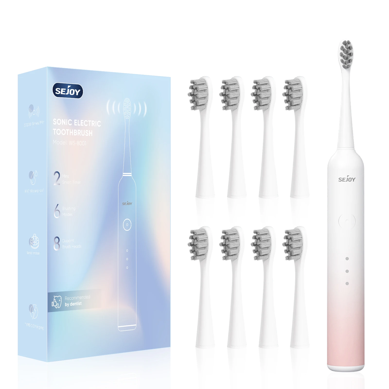 Sejoy Electric Toothbrush rechargeable With 8pcs Replacement Head Tooth Brush 6 Modes Clean Whitening Sonic Timer Toothbrush