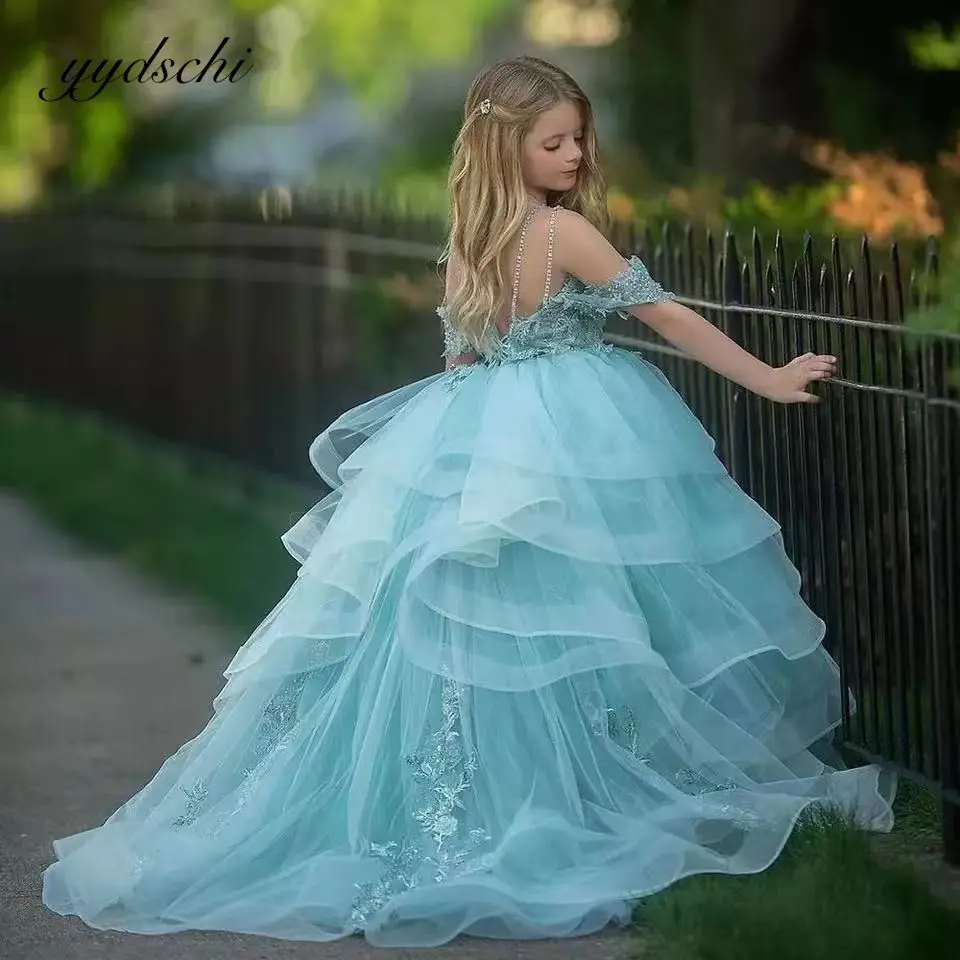 

Simple Sky Blue Puffy Off The Shoudler Flower Girls Dress For Wedding 2023 Princess Tulle Appliques Sequins First Communion Gown