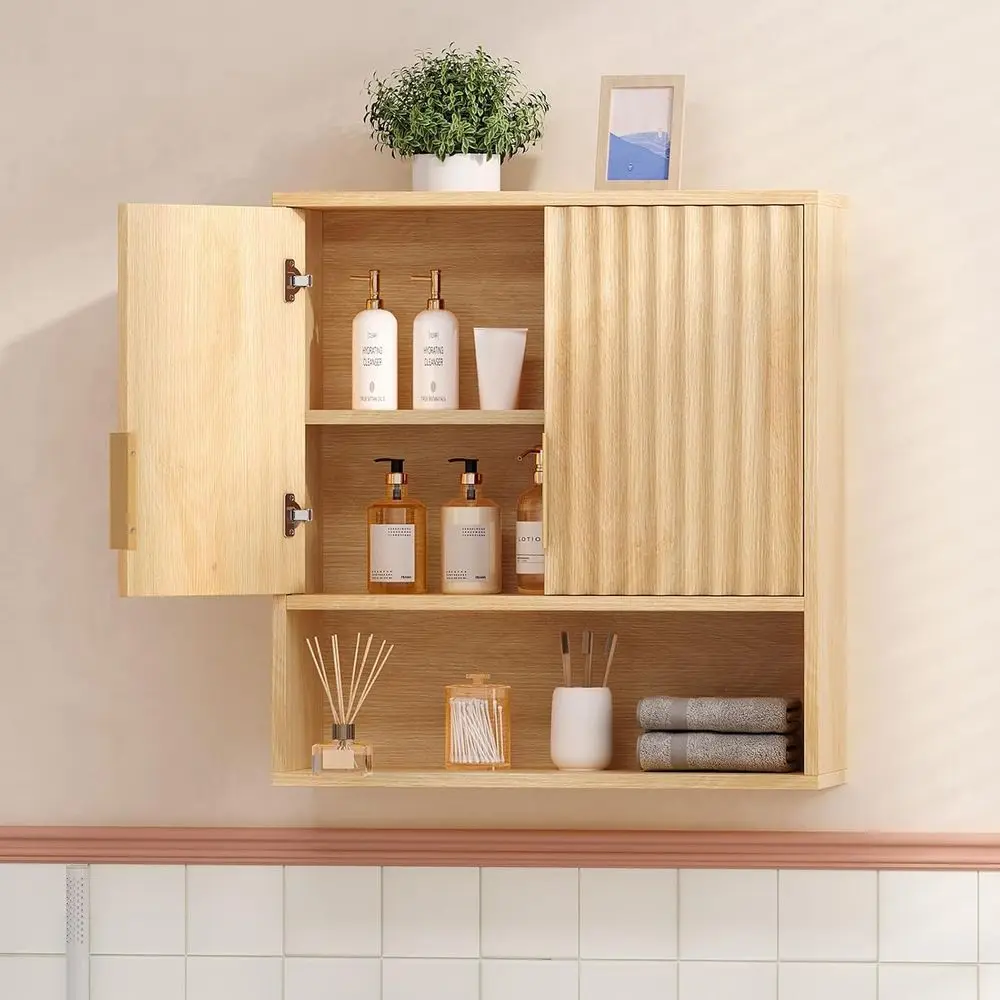 Bathroom Wall Cabinet with luted Do, Natural Oak Wall Mounted Medicine Cabinet with Adjustable Shel, Over The Toilet Storage Cab