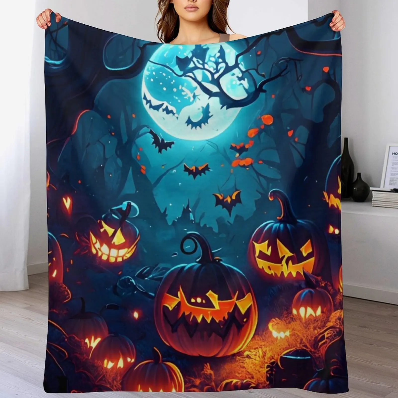 Enchanted full moon night: glowing pumpkins in the forest Throw Blanket