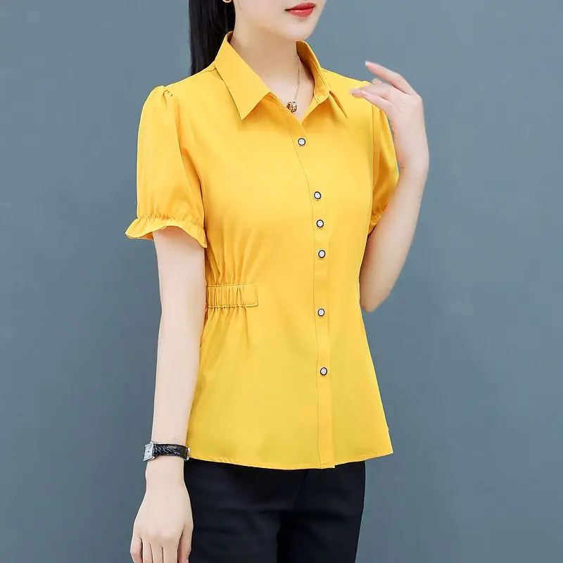 Office Lady Solid Color Shirt Fashion Shirring Waist Female Clothing Casual Turn-down Collar 2024 Summer Single-breasted Blouse