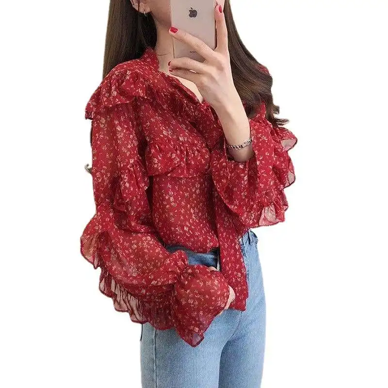 

Красный шифон Long Sve irt Женская модная весенняя одежда Ele Драпированный топ Другое 00% Материал Весенняя коллекция