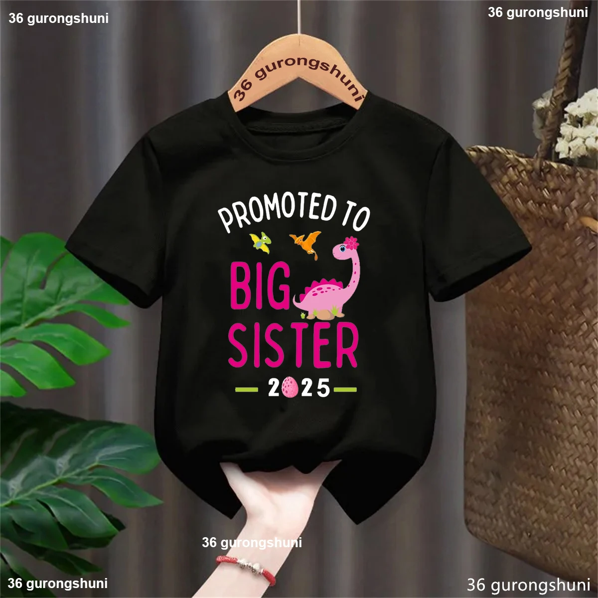 

Promoted To Big Sister 2025 Dinosaur Graphic Printed Tshirt Girls Kawaii Kids Clothes White/Pink/Blue/Black T-Shirt Summer Tops