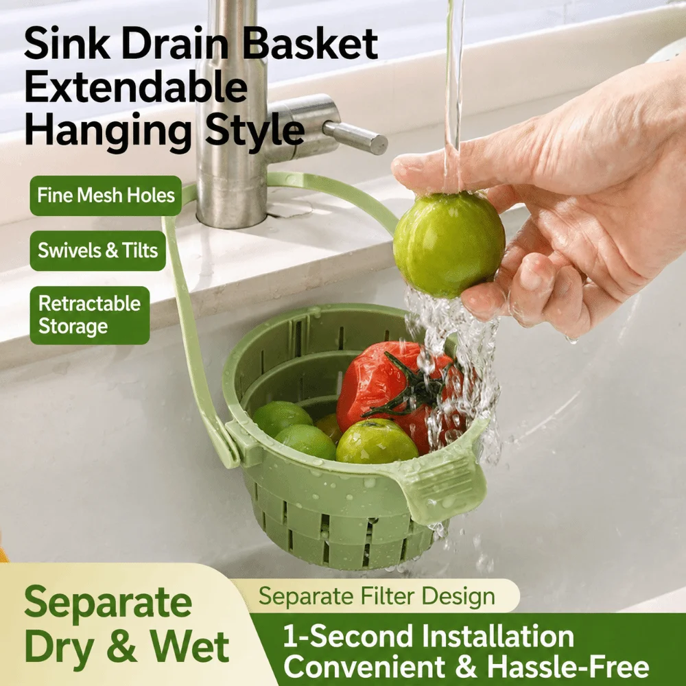Collapsible Sink Drain Basket Retractable Hanging Fruit Washing Basket Large Capacity Anti-clogging Food Strainer Filter
