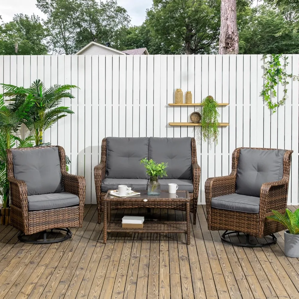 

4 Piece PE Rattan Outdoor Patio Furniture Set, Wicker Conversation Set with 2 Swivel Glider Chairs, 2-Tier Glass Table