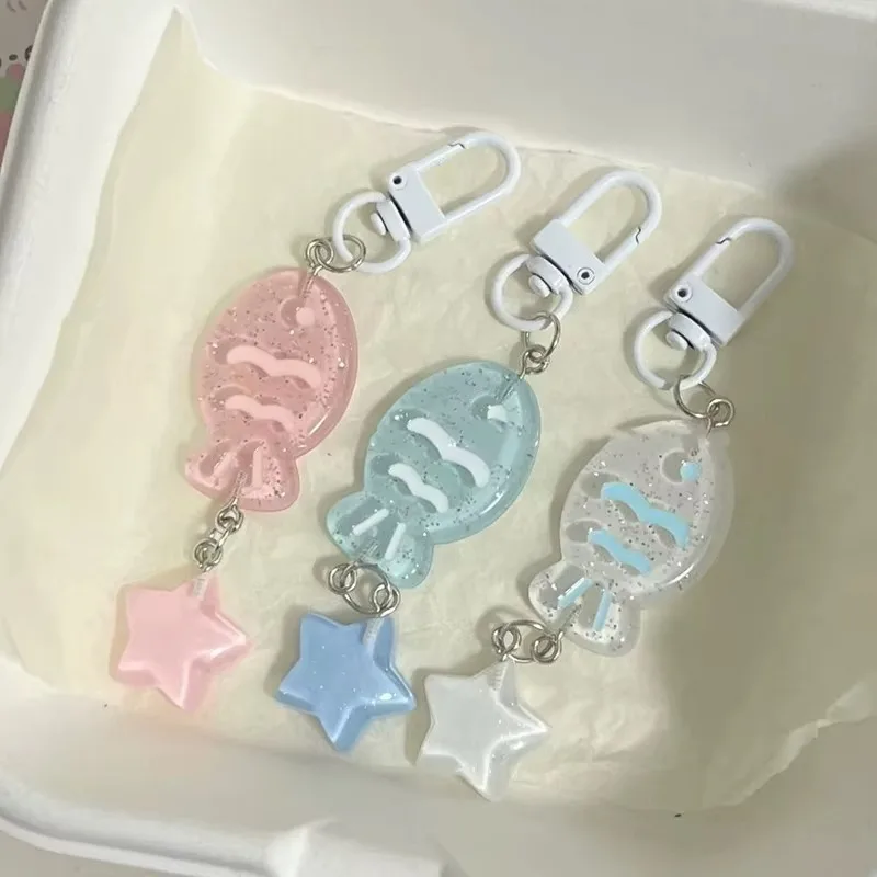 Ocean Series Resin Fish Starfish Key Chains for Women Shiny Cute Colorful Transparent Girl's Heart Bag Key Pendant Accessories