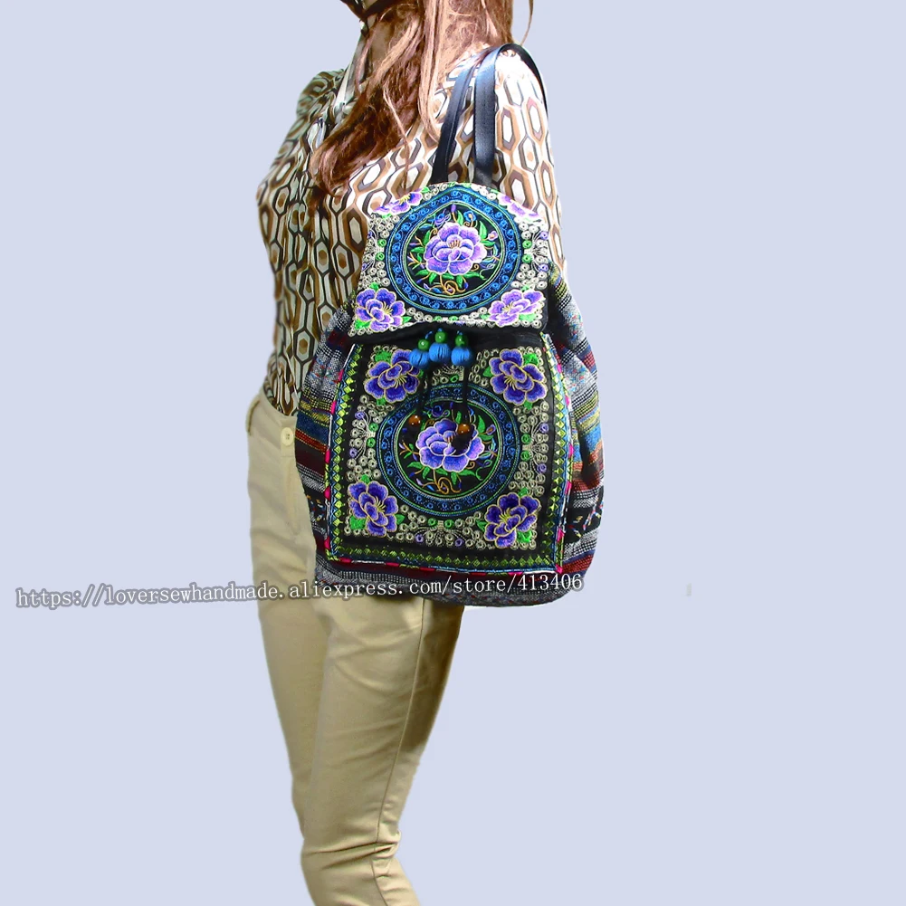 Tribal Vintage Hippie Colorful Travel Backpack Bag For Women Embroidery Pom Charm Floral Ethnic Bohemian Boho Rucksack SYS-592