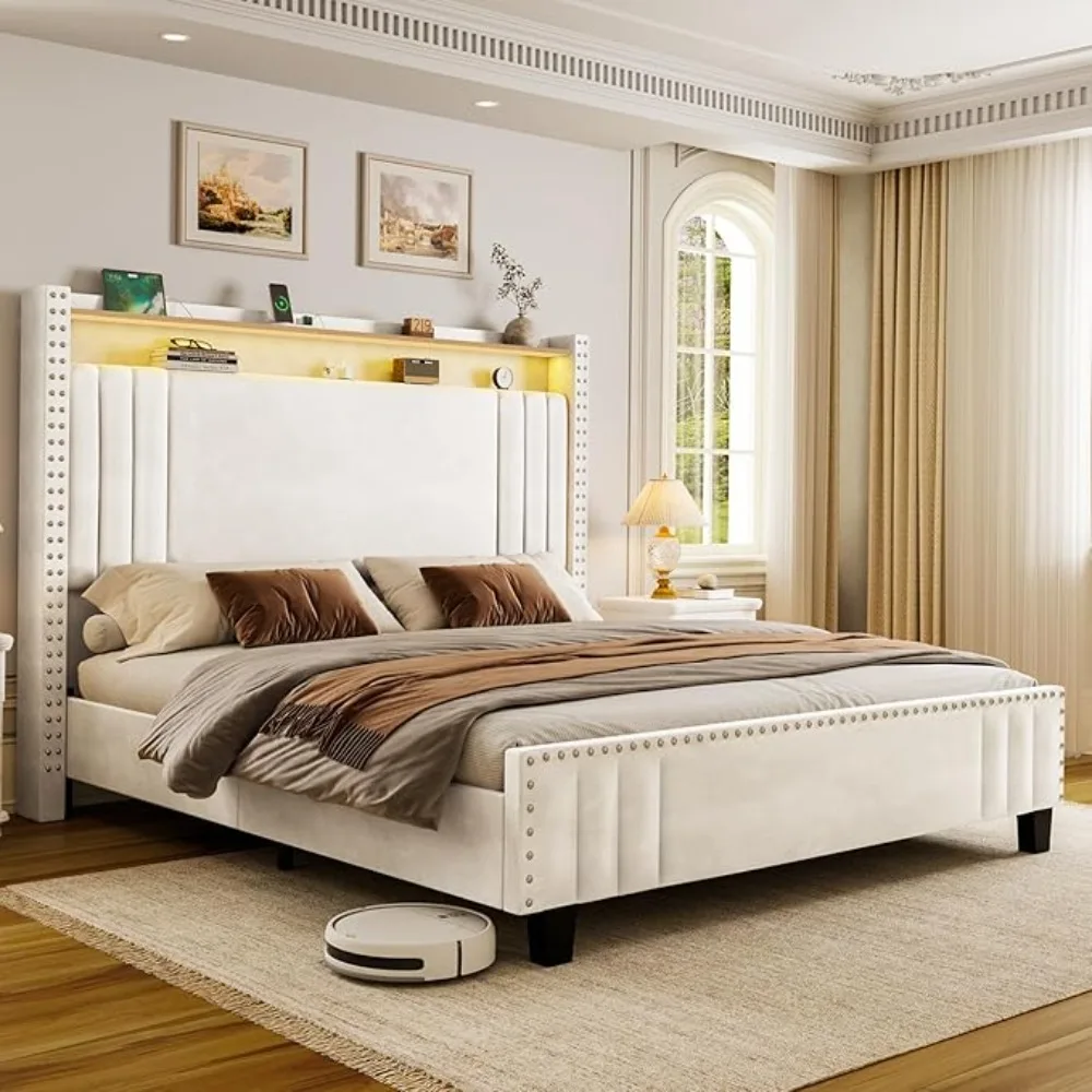 

Bed Frame and Tall Headboard & LED Light,Velvet Upholstered Bed Frame with Storage Headboard & Charging Station,Tufted